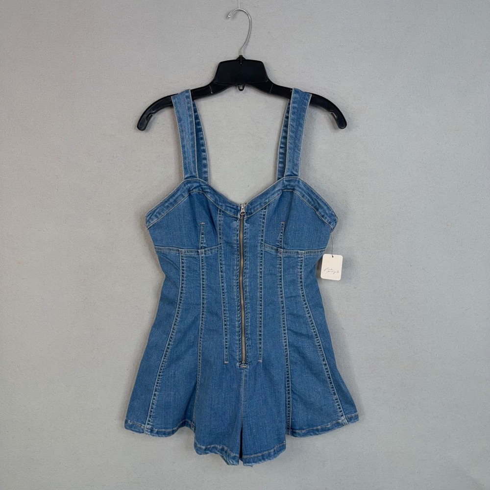 We The Free Romper Women 10 Blue Denim Delancey Flare Free People Zip Front
